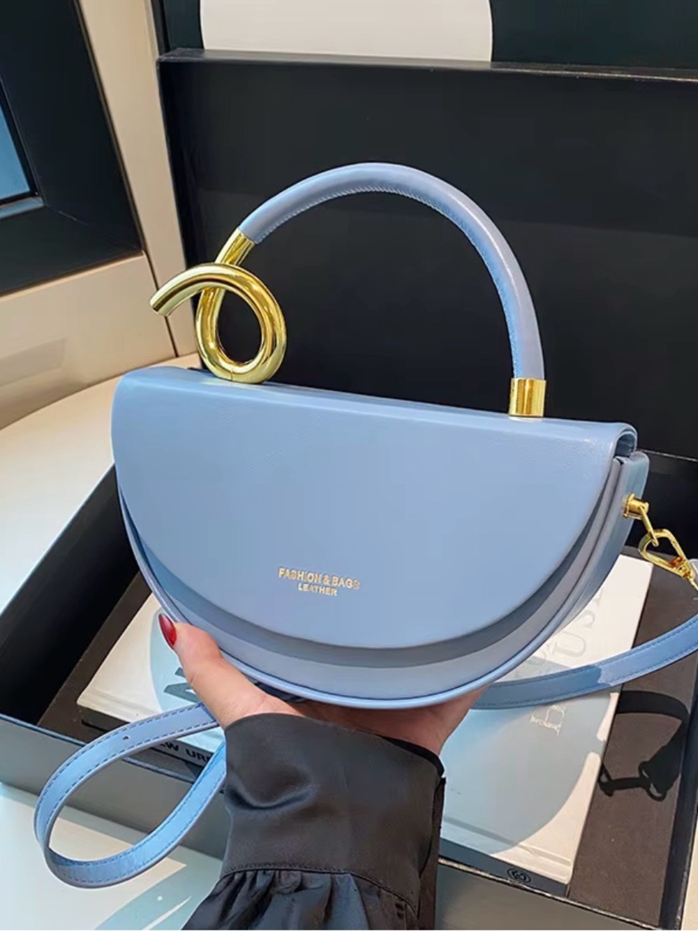 Fashion Bug Powder Blue Semi-Circle Top-Handle Bag with Gold Accent